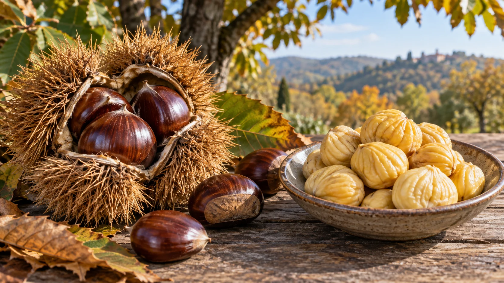 Fresh sweet chestnuts in a spiny burr beside peeled kernels