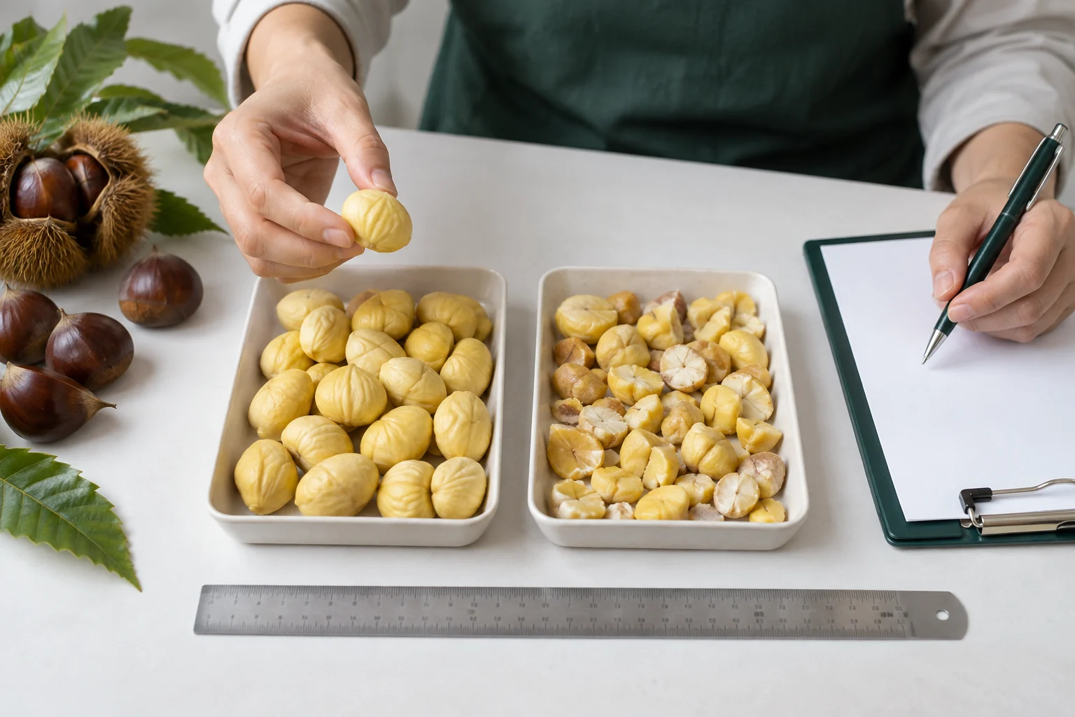 Peeled chestnut samples compared for size and intact pieces