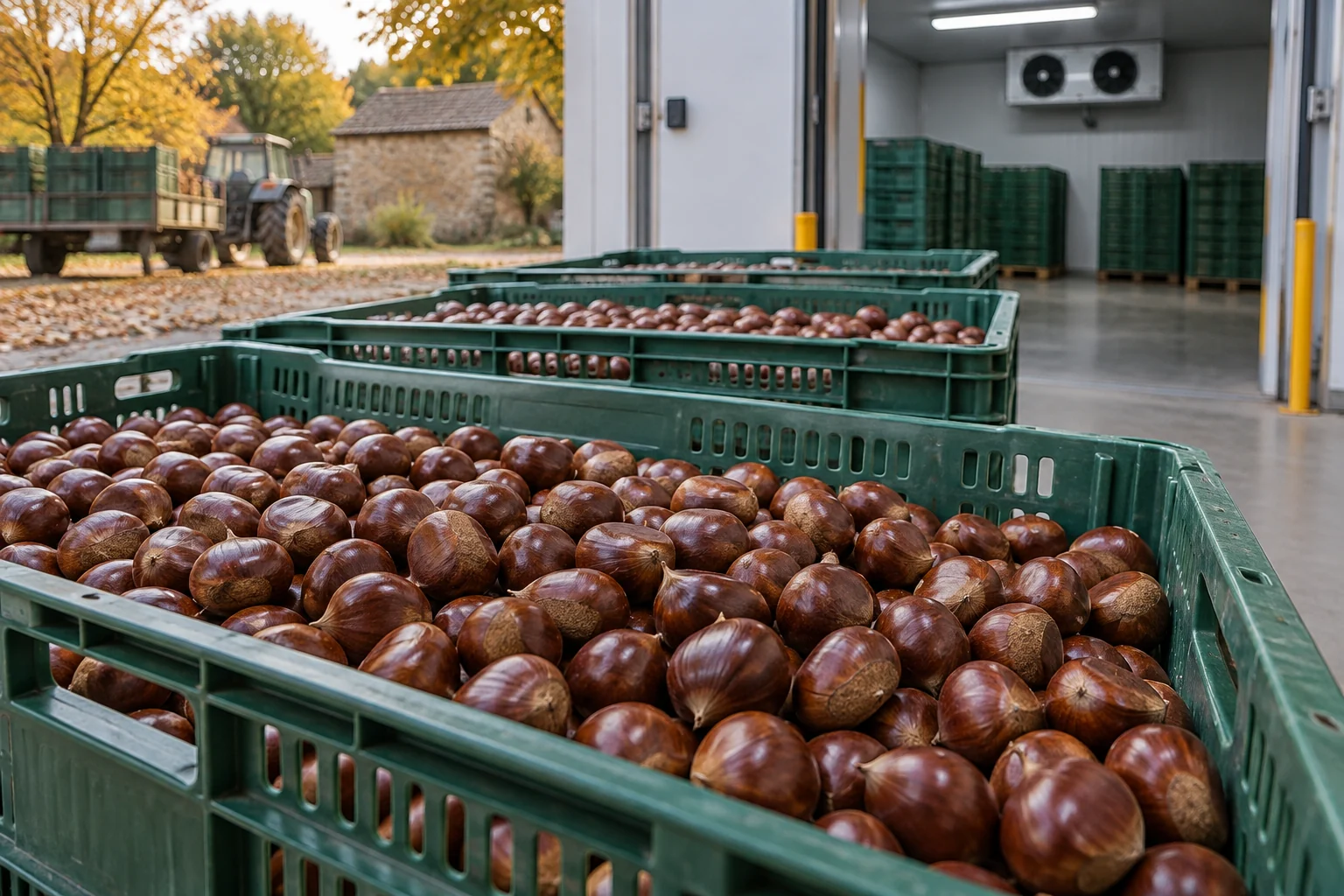 In-shell chestnuts in shallow ventilated harvest crates